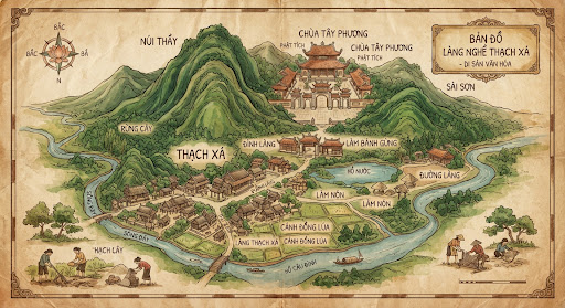 Bản đồ minh hoạ làng nghề Thạch Xá: núi Thầy, chùa Tây Phương, đình làng và lò bánh