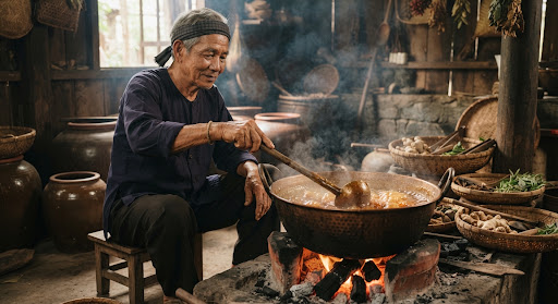 Người phụ nữ lớn tuổi ngồi bên nồi mật sôi trên bếp củi, khói bốc lên trong gian bếp cũ