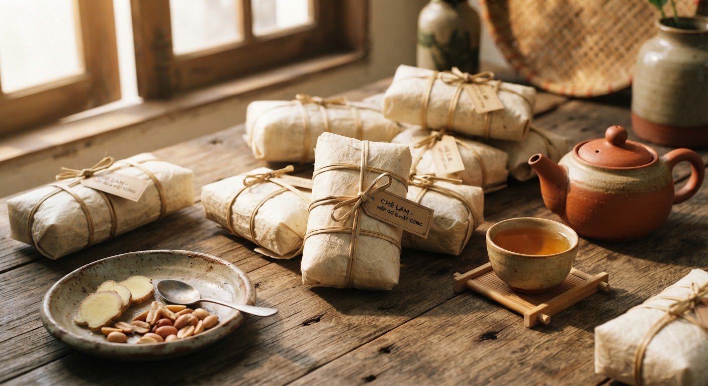 Những phong chè lam gói giấy dó buộc lạt giang trên bàn gỗ, bên ấm trà và đĩa gừng lạc