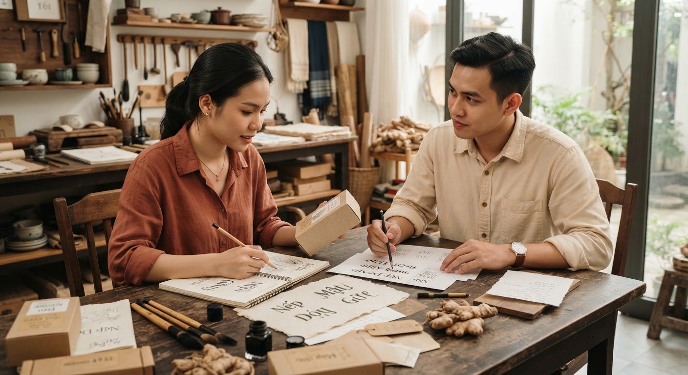 Hai người trẻ ngồi cạnh nhau bên bàn gỗ, ghi chép và sắp những gói chè lam