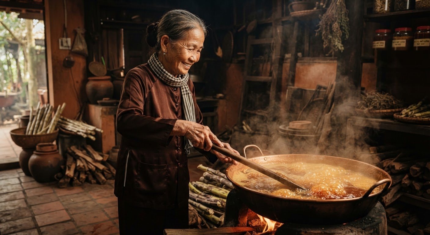 Người phụ nữ lớn tuổi khuấy nồi mật đang sôi bên bếp củi