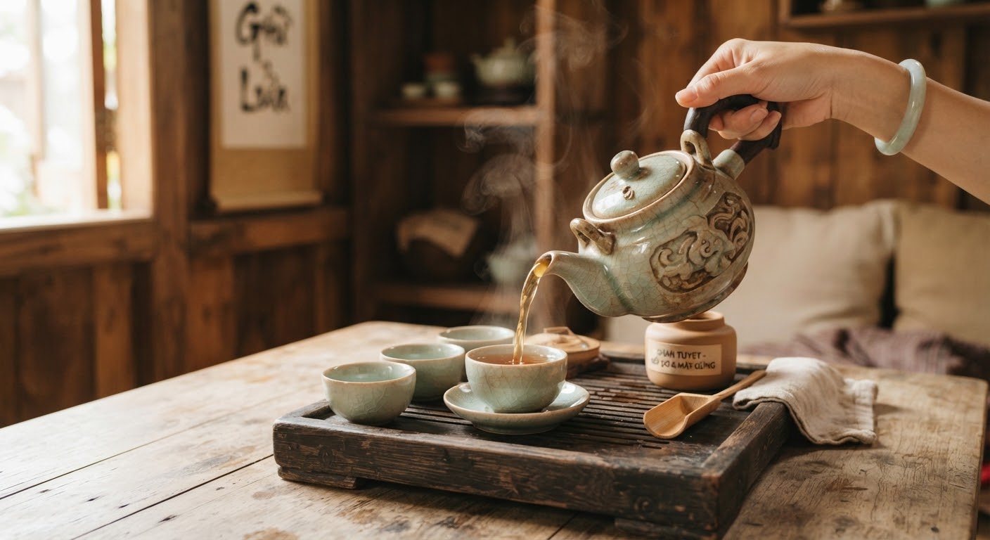 Rót trà nóng từ ấm sứ men ngọc vào những chén nhỏ bên khay gỗ